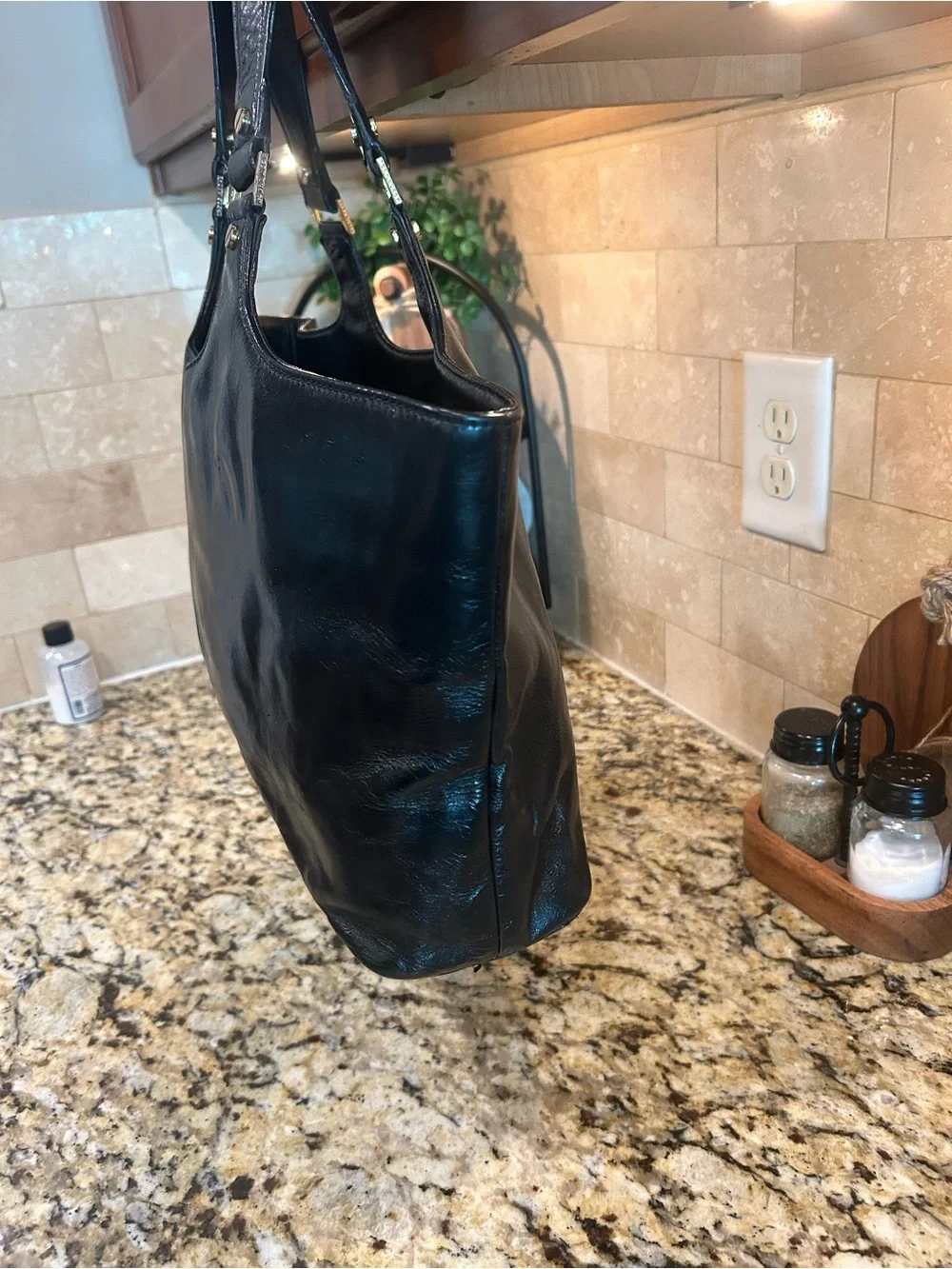 Tory Burch Black Leather Logo Tote with Gold Hardware
